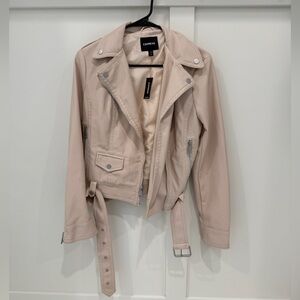 Express Cream Leather Moto Jacket with Asymmetrical Zipper